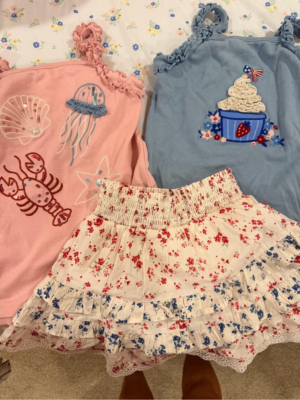 Girls Gymboree American collectionPink & Blue Tank Tops with Floral Ruffle Skirt